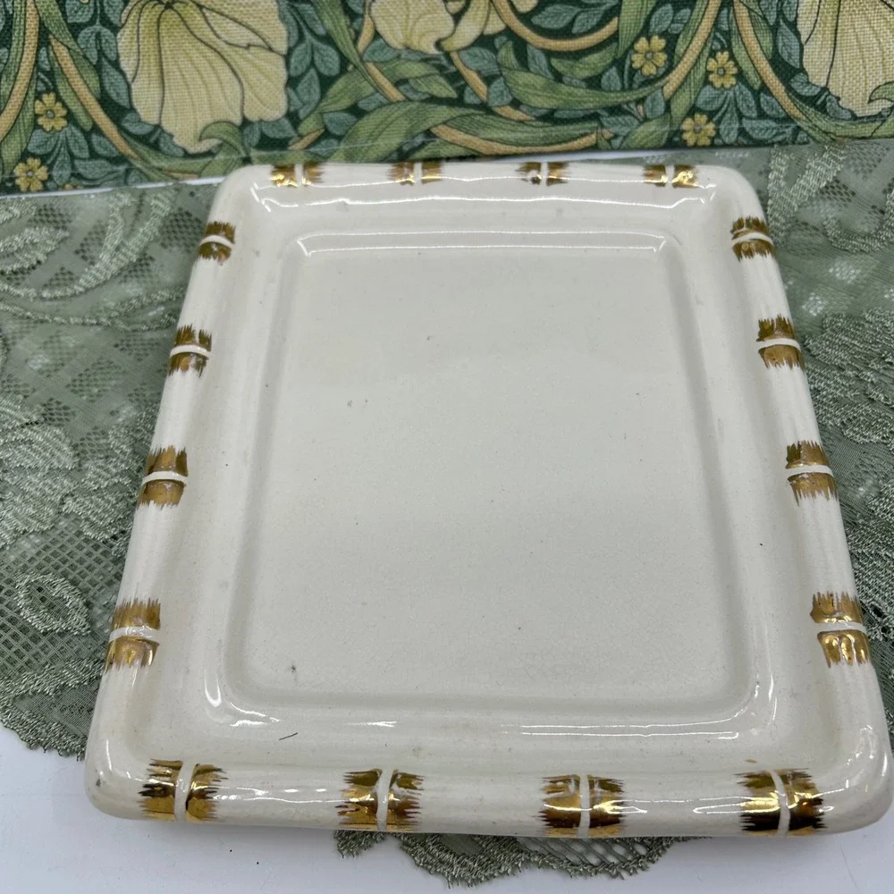 Vintage Cheese Keeper Block Triangle Ceramic Covered Vented Dish Gold White